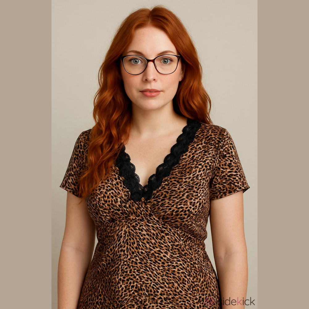 IDYLLWIND Womens Blouse XL Brown Leopard Print Lace Trim V-Neck Pullover